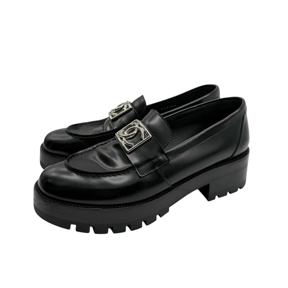 CHANEL Calfskin Metal CC Loafers Black Women's Size 38.5